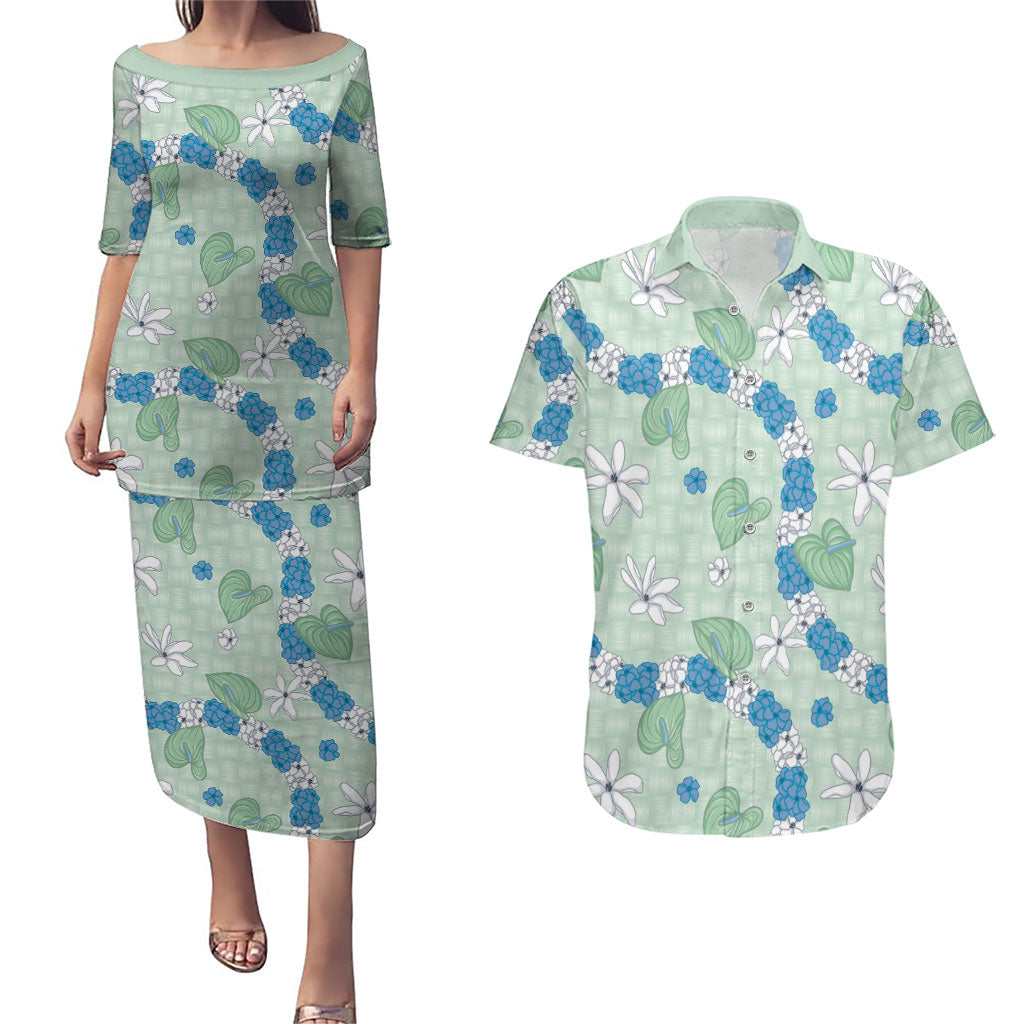 Hawaii Anthurium Tiare Pikake Lei Couples Matching Puletasi and Hawaiian Shirt Omaomao Lauhala Art Pattern LT01 Green - Polynesian Pride