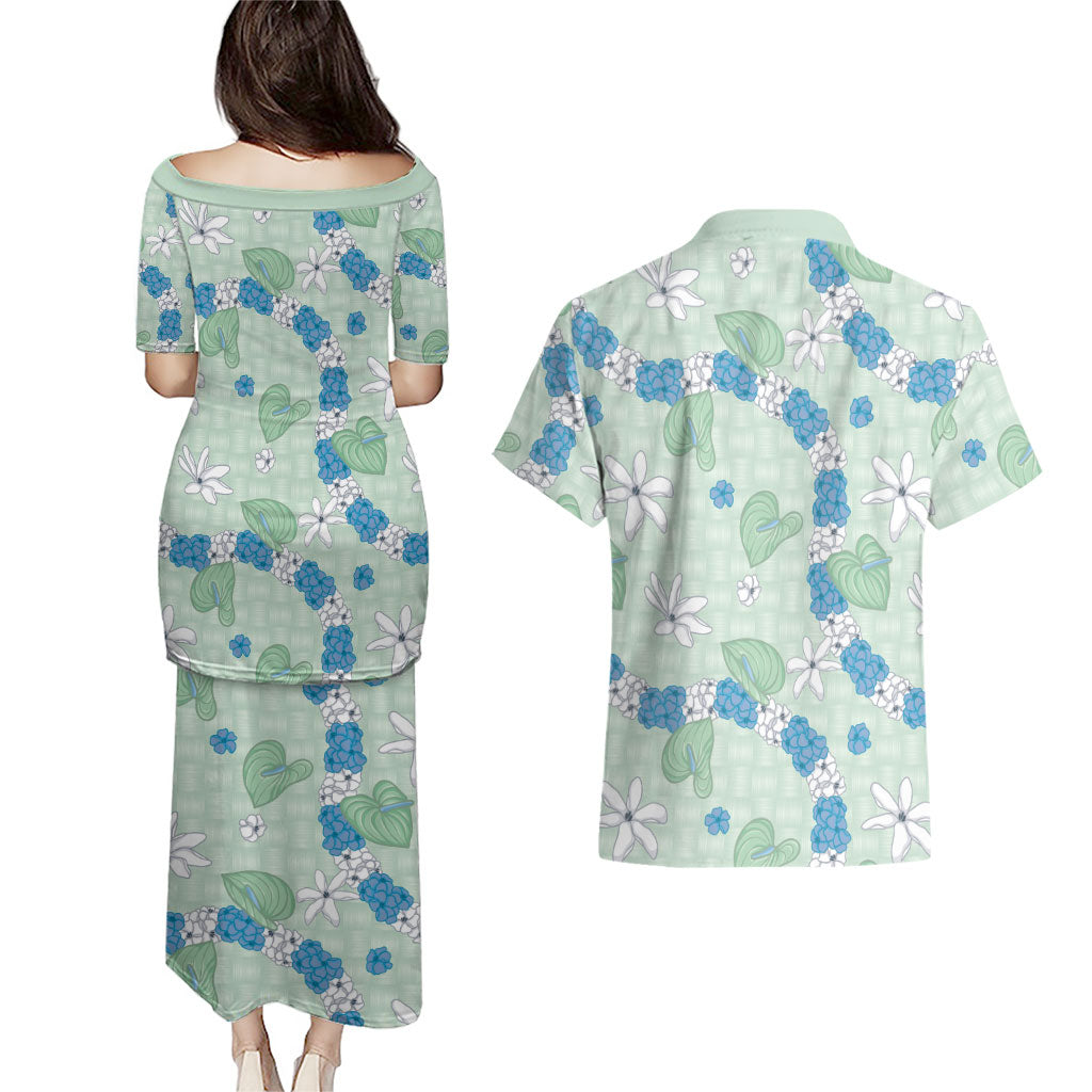 Hawaii Anthurium Tiare Pikake Lei Couples Matching Puletasi and Hawaiian Shirt Omaomao Lauhala Art Pattern LT01 - Polynesian Pride