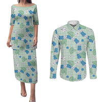 Hawaii Anthurium Tiare Pikake Lei Couples Matching Puletasi and Long Sleeve Button Shirt Omaomao Lauhala Art Pattern