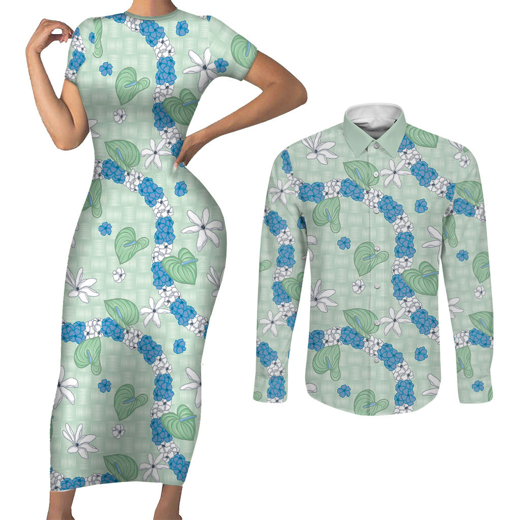 Hawaii Anthurium Tiare Pikake Lei Couples Matching Short Sleeve Bodycon Dress and Long Sleeve Button Shirt Omaomao Lauhala Art Pattern