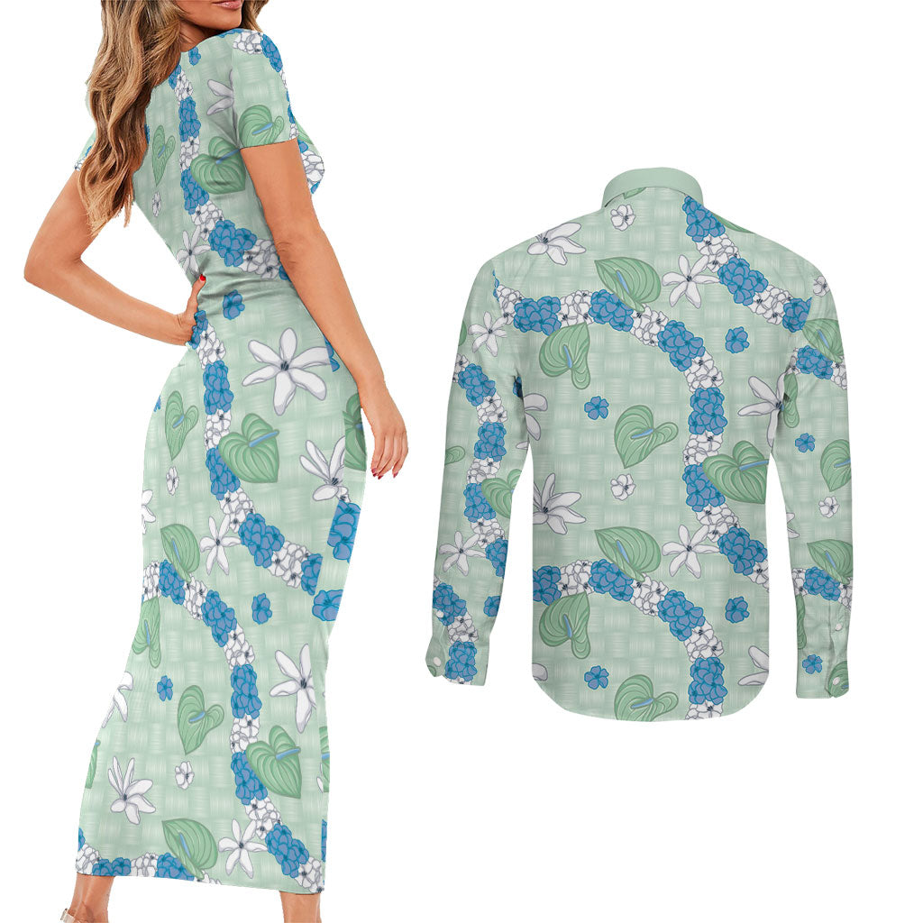 Hawaii Anthurium Tiare Pikake Lei Couples Matching Short Sleeve Bodycon Dress and Long Sleeve Button Shirt Omaomao Lauhala Art Pattern