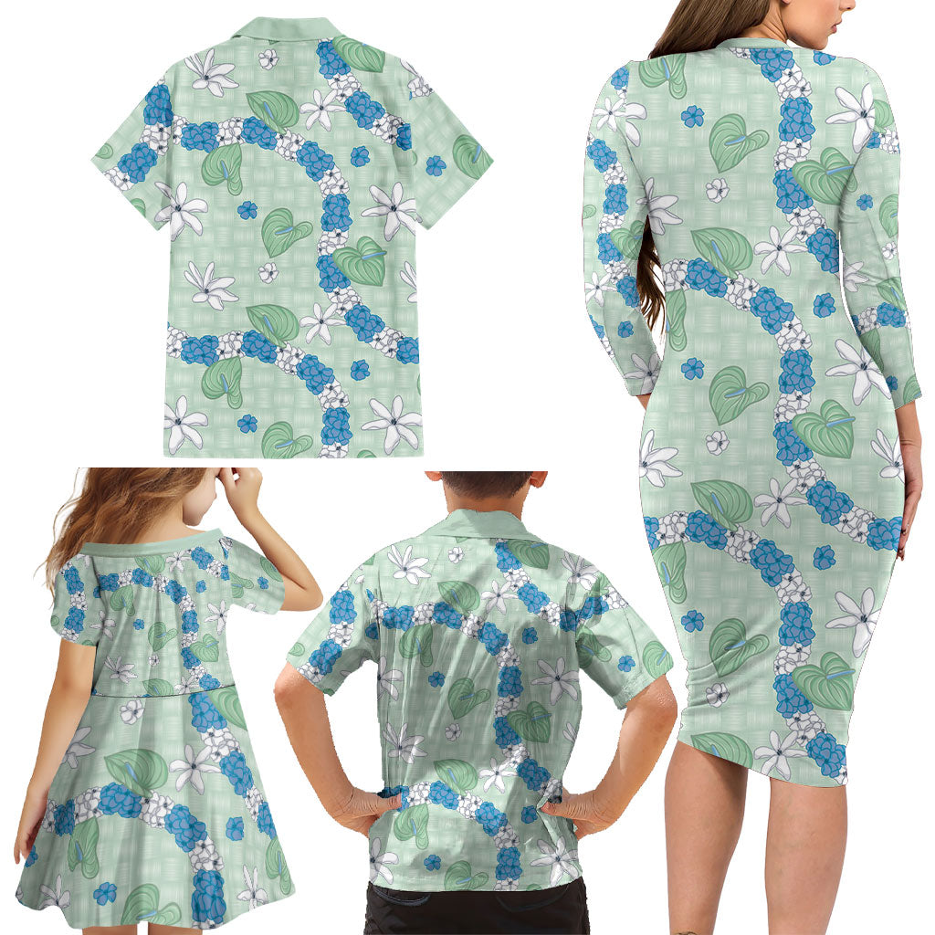 Hawaii Anthurium Tiare Pikake Lei Family Matching Long Sleeve Bodycon Dress and Hawaiian Shirt Omaomao Lauhala Art Pattern LT01 - Polynesian Pride