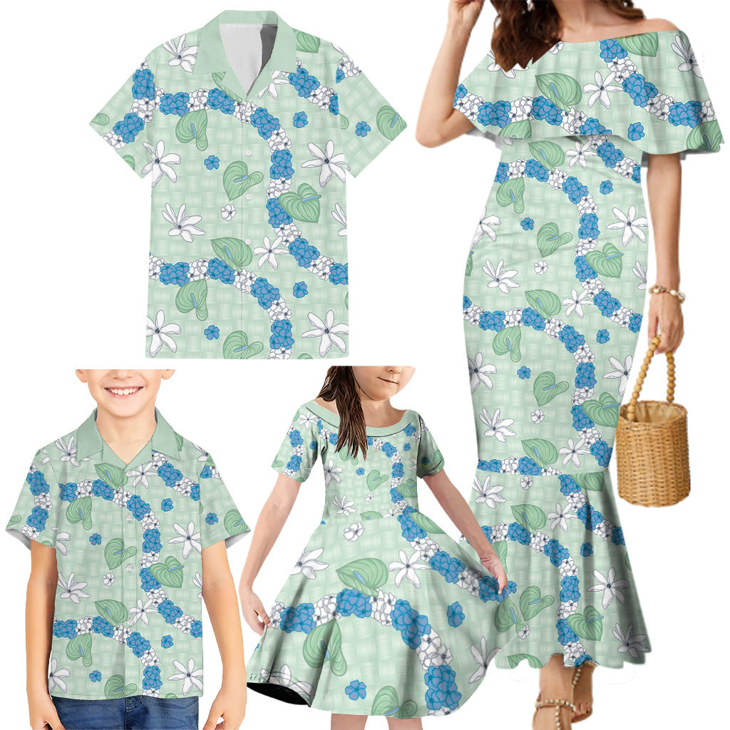 Hawaii Anthurium Tiare Pikake Lei Family Matching Mermaid Dress and Hawaiian Shirt Omaomao Lauhala Art Pattern