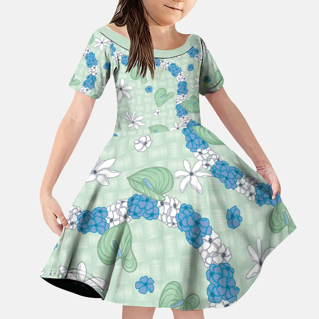 Hawaii Anthurium Tiare Pikake Lei Family Matching Off The Shoulder Long Sleeve Dress and Hawaiian Shirt Omaomao Lauhala Art Pattern LT01 Daughter's Dress Green - Polynesian Pride