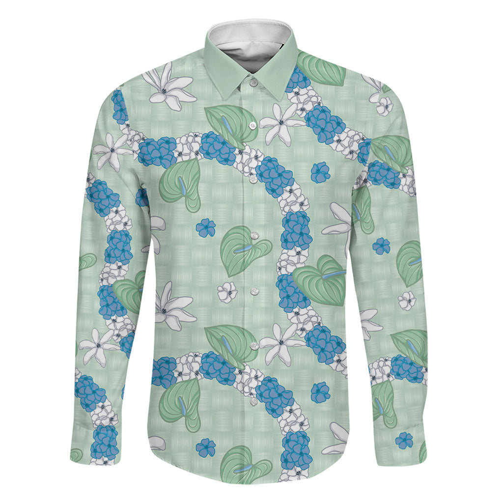 Hawaii Anthurium Tiare Pikake Lei Family Matching Off Shoulder Maxi Dress and Hawaiian Shirt Omaomao Lauhala Art Pattern LT01 Dad's Shirt - Long Sleeve Green - Polynesian Pride