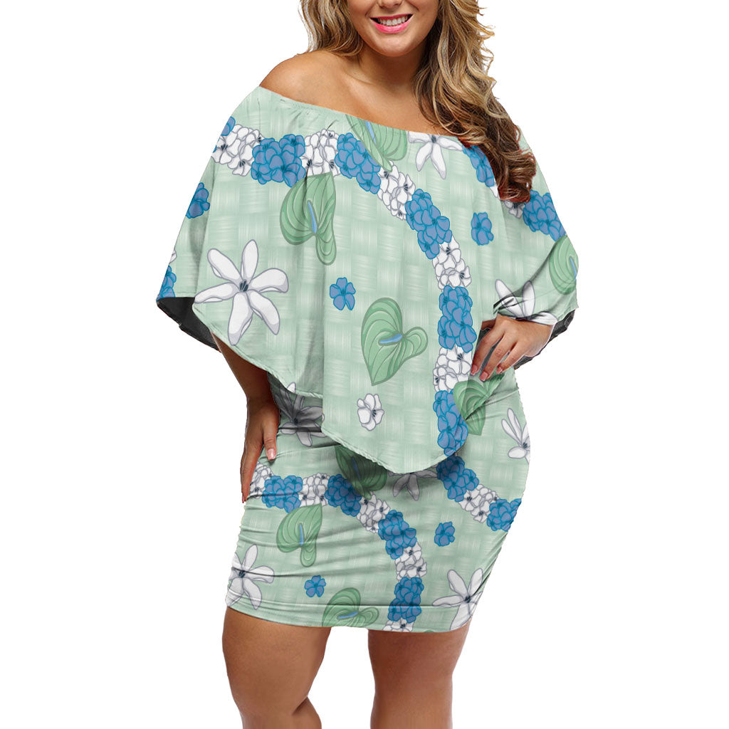 Hawaii Anthurium Tiare Pikake Lei Family Matching Off Shoulder Short Dress and Hawaiian Shirt Omaomao Lauhala Art Pattern LT01 Mom's Dress Green - Polynesian Pride