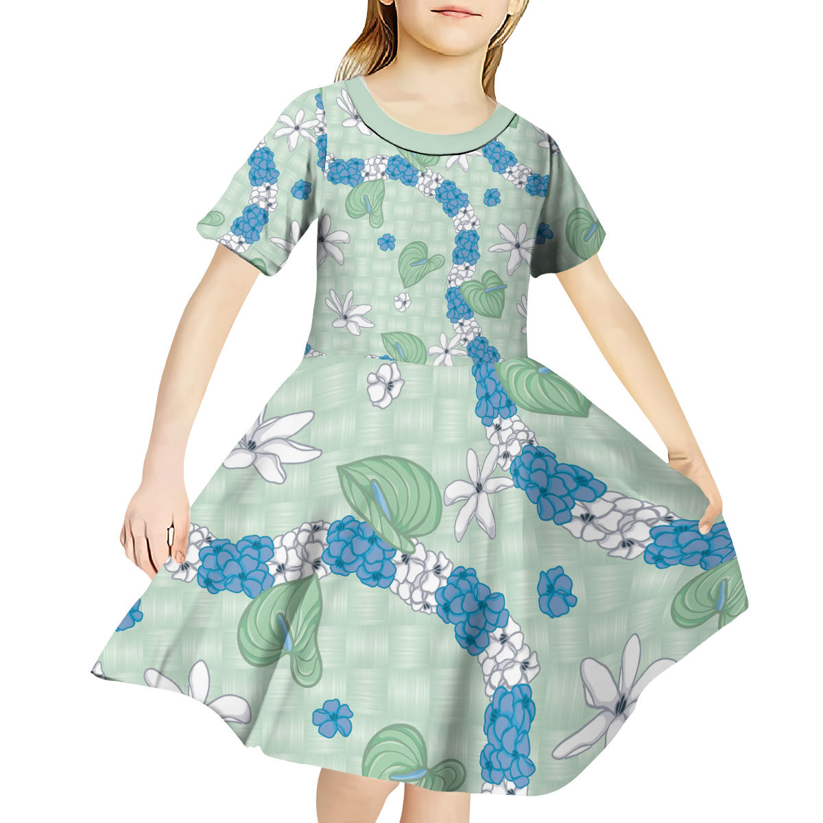 Hawaii Anthurium Tiare Pikake Lei Kid Short Sleeve Dress Omaomao Lauhala Art Pattern