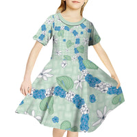 Hawaii Anthurium Tiare Pikake Lei Kid Short Sleeve Dress Omaomao Lauhala Art Pattern
