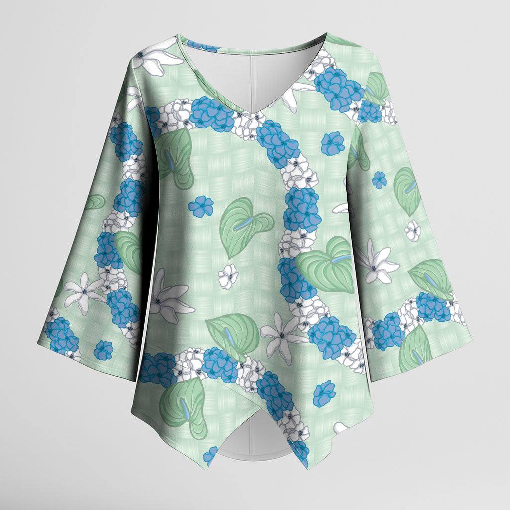 Hawaii Anthurium Tiare Pikake Lei Kimono Sleeve Blouse Omaomao Lauhala Art Pattern