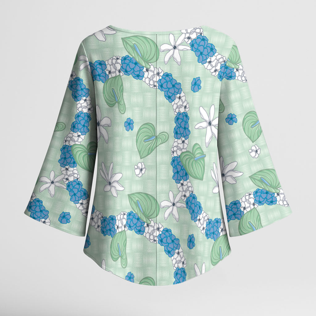 Hawaii Anthurium Tiare Pikake Lei Kimono Sleeve Blouse Omaomao Lauhala Art Pattern