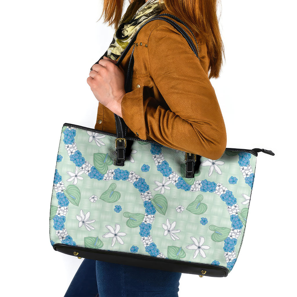 Hawaii Anthurium Tiare Pikake Lei Leather Tote Bag Omaomao Lauhala Art Pattern