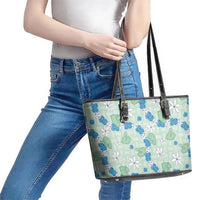 Hawaii Anthurium Tiare Pikake Lei Leather Tote Bag Omaomao Lauhala Art Pattern