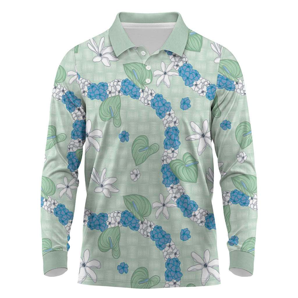 Hawaii Anthurium Tiare Pikake Lei Long Sleeve Polo Shirt Omaomao Lauhala Art Pattern