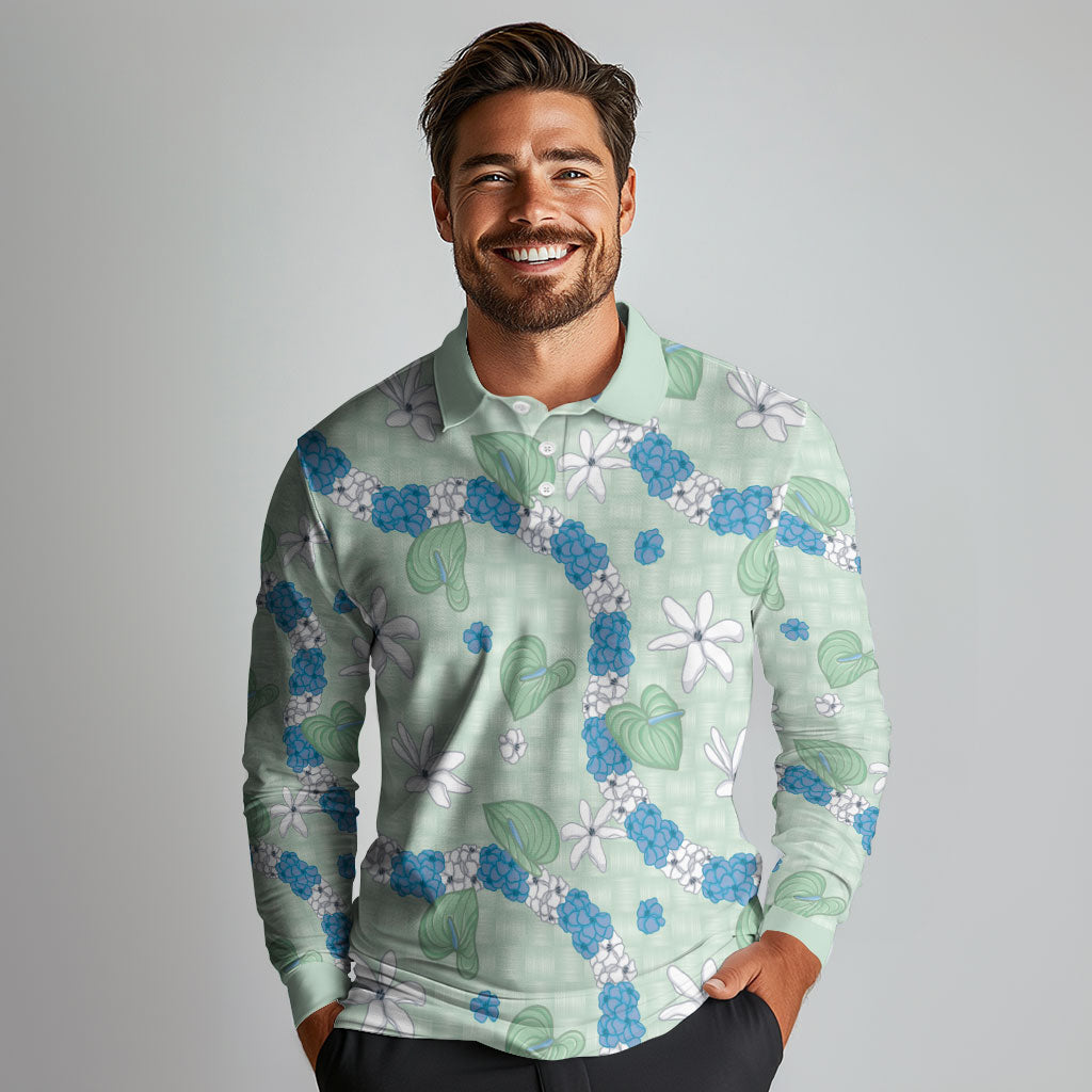Hawaii Anthurium Tiare Pikake Lei Long Sleeve Polo Shirt Omaomao Lauhala Art Pattern