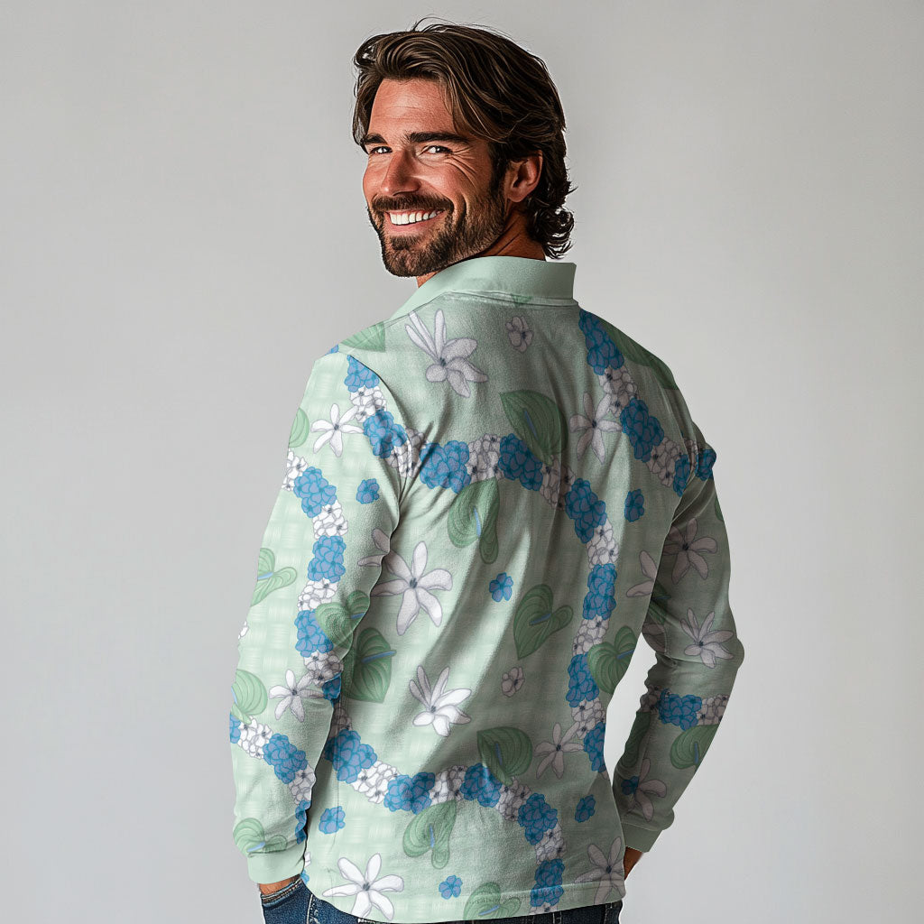Hawaii Anthurium Tiare Pikake Lei Long Sleeve Polo Shirt Omaomao Lauhala Art Pattern