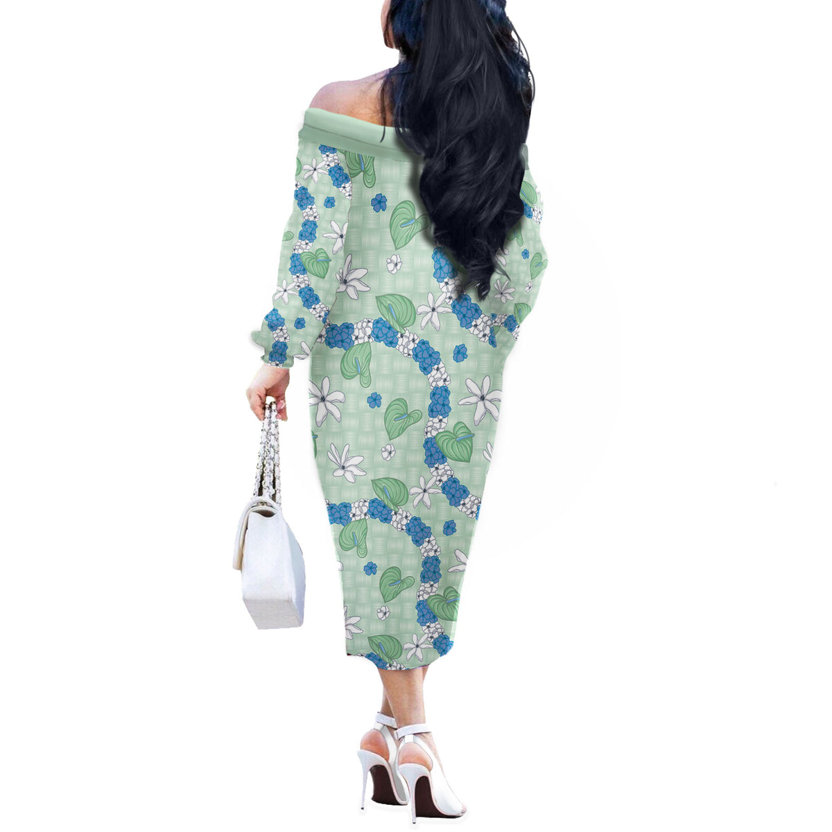 Hawaii Anthurium Tiare Pikake Lei Off The Shoulder Long Sleeve Dress Omaomao Lauhala Art Pattern