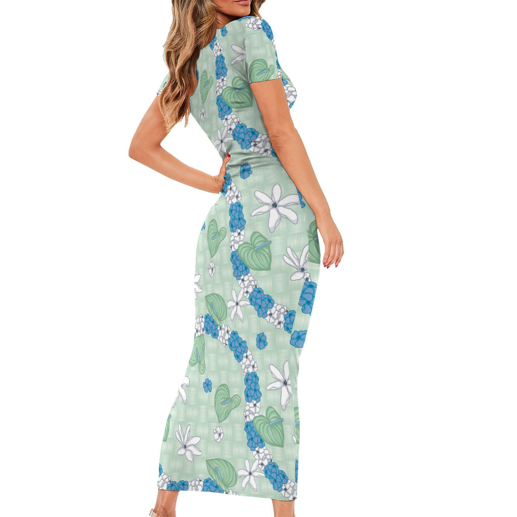 Hawaii Anthurium Tiare Pikake Lei Short Sleeve Bodycon Dress Omaomao Lauhala Art Pattern