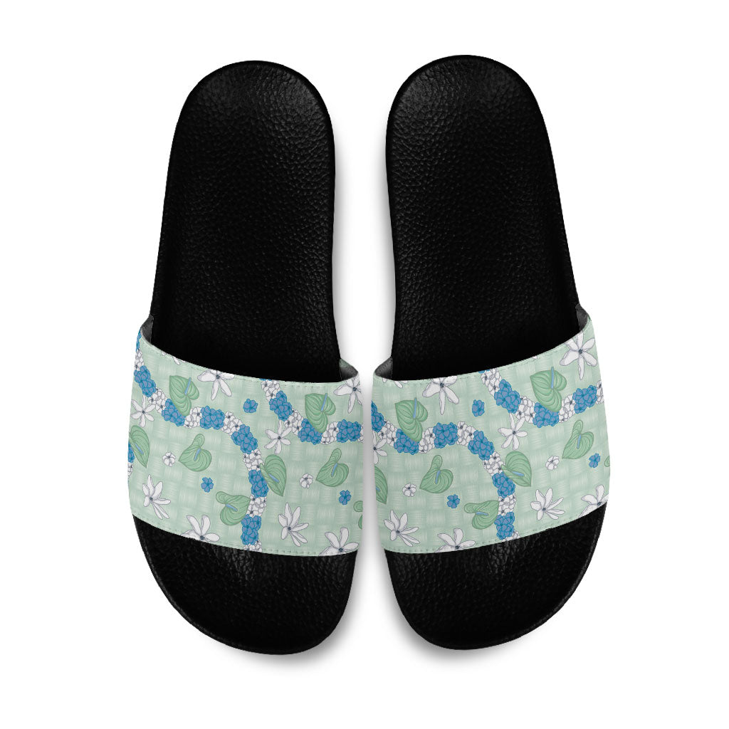 Hawaii Anthurium Tiare Pikake Lei Slide Sandals Omaomao Lauhala Art Pattern