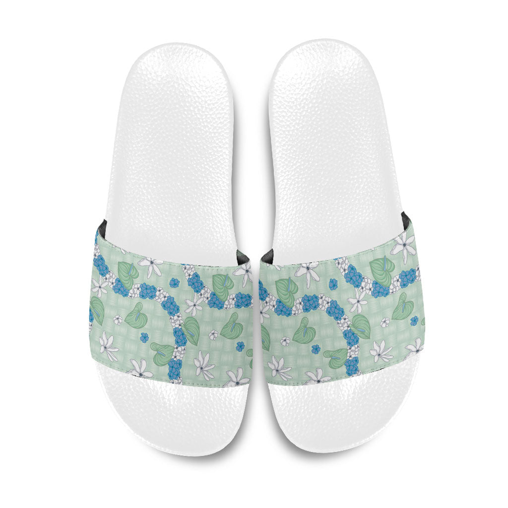 Hawaii Anthurium Tiare Pikake Lei Slide Sandals Omaomao Lauhala Art Pattern