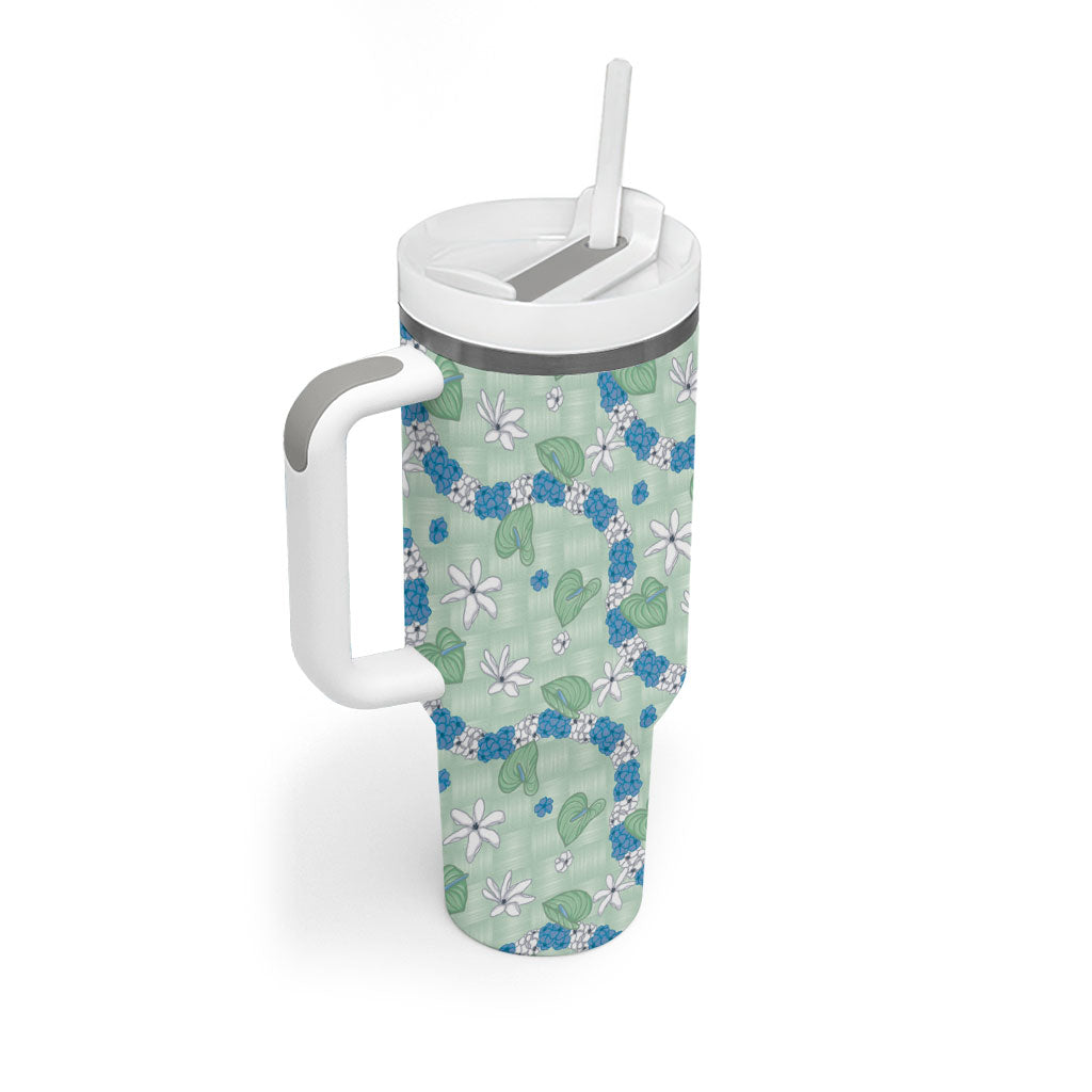 Hawaii Anthurium Tiare Pikake Lei Tumbler With Handle Omaomao Lauhala Art Pattern