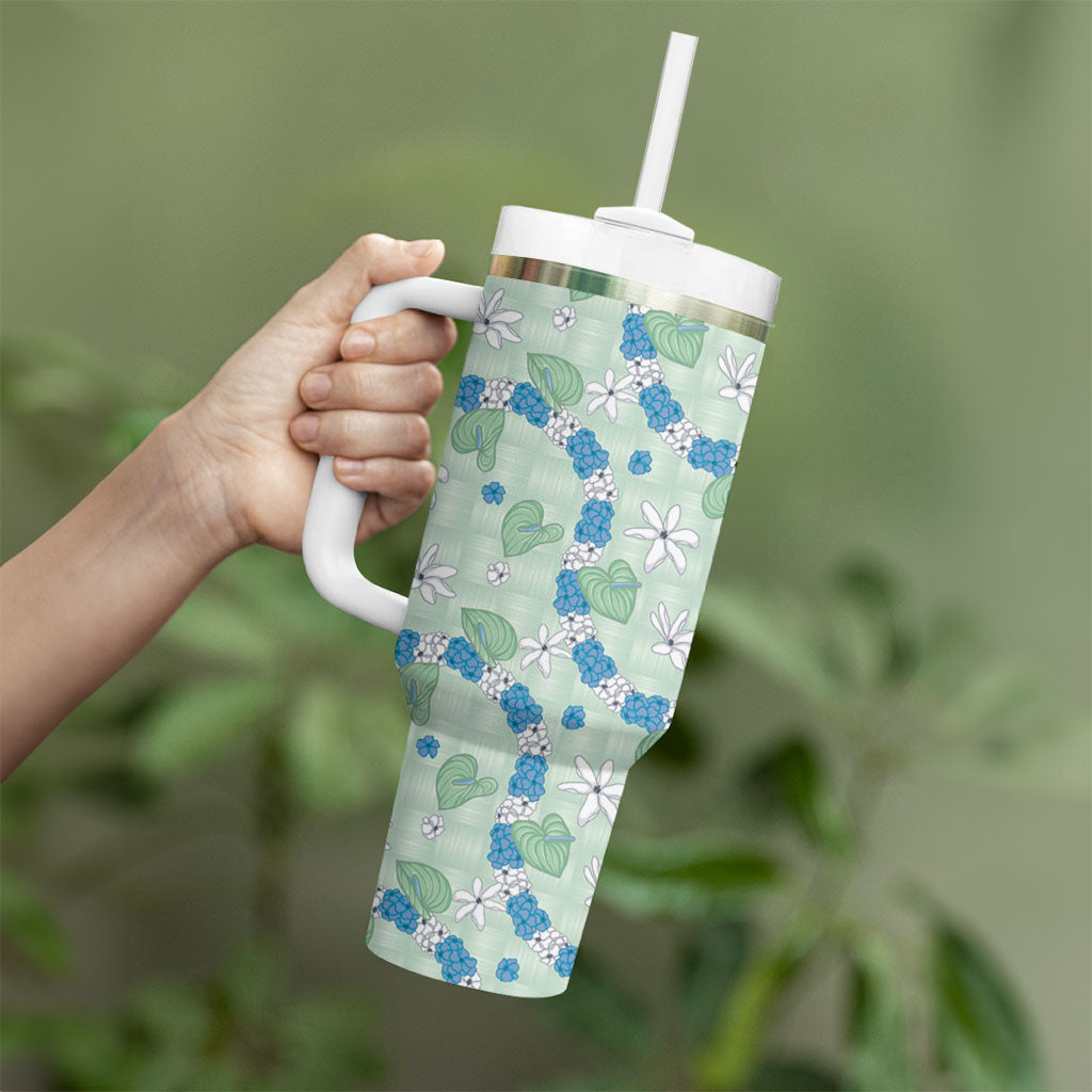 Hawaii Anthurium Tiare Pikake Lei Tumbler With Handle Omaomao Lauhala Art Pattern