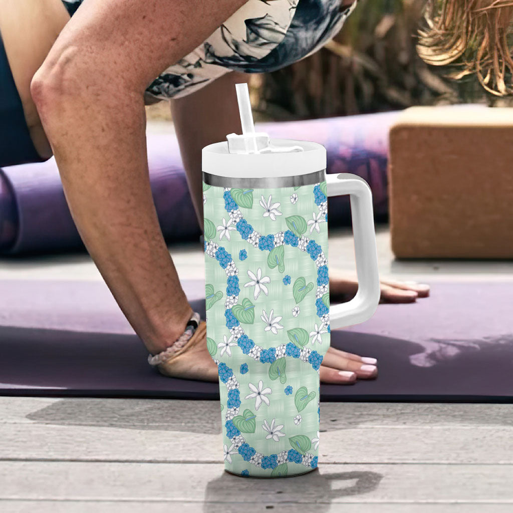 Hawaii Anthurium Tiare Pikake Lei Tumbler With Handle Omaomao Lauhala Art Pattern