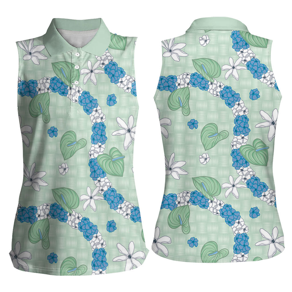 Hawaii Anthurium Tiare Pikake Lei Women Sleeveless Polo Shirt Omaomao Lauhala Art Pattern