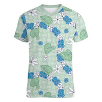 Hawaii Anthurium Tiare Pikake Lei Women V-Neck T-Shirt Omaomao Lauhala Art Pattern