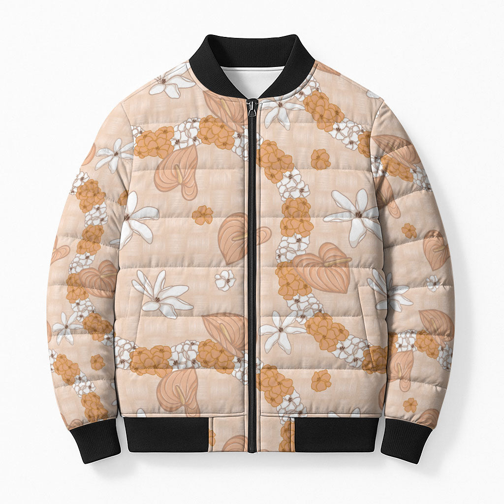 Hawaii Anthurium Tiare Pikake Lei Bomber Puffer Jacket Alani Lauhala Art Pattern