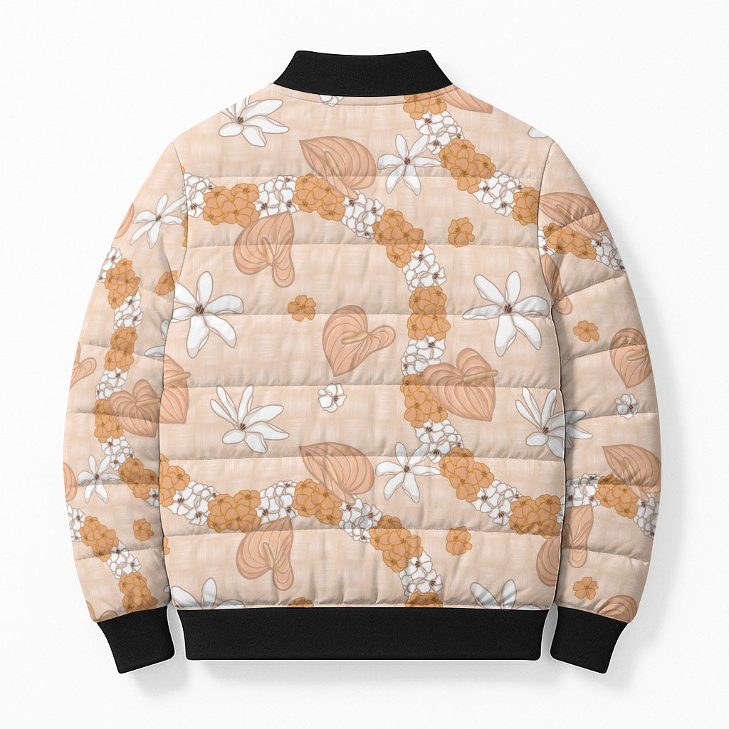 Hawaii Anthurium Tiare Pikake Lei Bomber Puffer Jacket Alani Lauhala Art Pattern