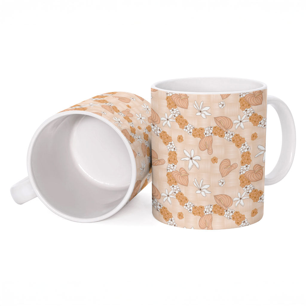Hawaii Anthurium Tiare Pikake Lei Ceramic Mug Alani Lauhala Art Pattern