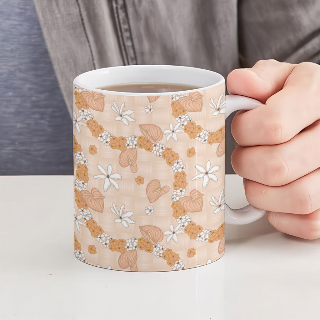 Hawaii Anthurium Tiare Pikake Lei Ceramic Mug Alani Lauhala Art Pattern