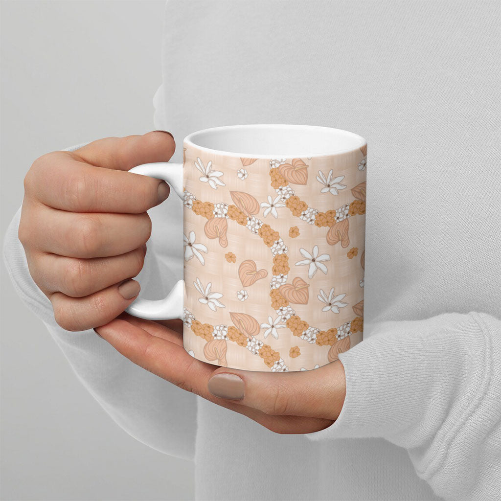 Hawaii Anthurium Tiare Pikake Lei Ceramic Mug Alani Lauhala Art Pattern