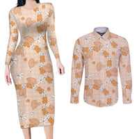 Hawaii Anthurium Tiare Pikake Lei Couples Matching Long Sleeve Bodycon Dress and Long Sleeve Button Shirt Alani Lauhala Art Pattern