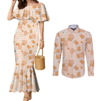 Hawaii Anthurium Tiare Pikake Lei Couples Matching Mermaid Dress and Long Sleeve Button Shirt Alani Lauhala Art Pattern LT01 Orange - Polynesian Pride