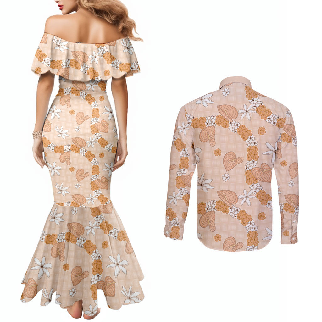Hawaii Anthurium Tiare Pikake Lei Couples Matching Mermaid Dress and Long Sleeve Button Shirt Alani Lauhala Art Pattern LT01 - Polynesian Pride