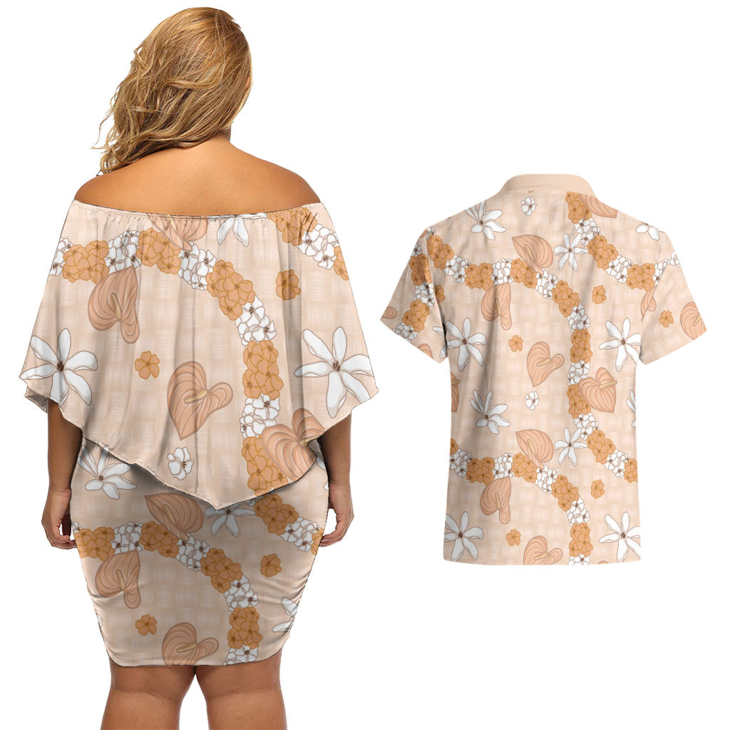 Hawaii Anthurium Tiare Pikake Lei Couples Matching Off Shoulder Short Dress and Hawaiian Shirt Alani Lauhala Art Pattern