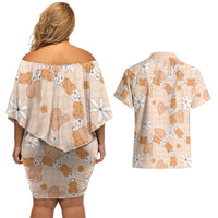 Hawaii Anthurium Tiare Pikake Lei Couples Matching Off Shoulder Short Dress and Hawaiian Shirt Alani Lauhala Art Pattern