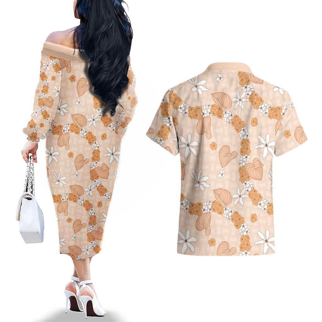 Hawaii Anthurium Tiare Pikake Lei Couples Matching Off The Shoulder Long Sleeve Dress and Hawaiian Shirt Alani Lauhala Art Pattern