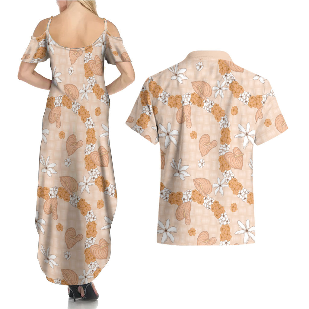 Hawaii Anthurium Tiare Pikake Lei Couples Matching Summer Maxi Dress and Hawaiian Shirt Alani Lauhala Art Pattern