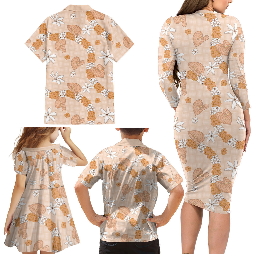 Hawaii Anthurium Tiare Pikake Lei Family Matching Long Sleeve Bodycon Dress and Hawaiian Shirt Alani Lauhala Art Pattern LT01 - Polynesian Pride