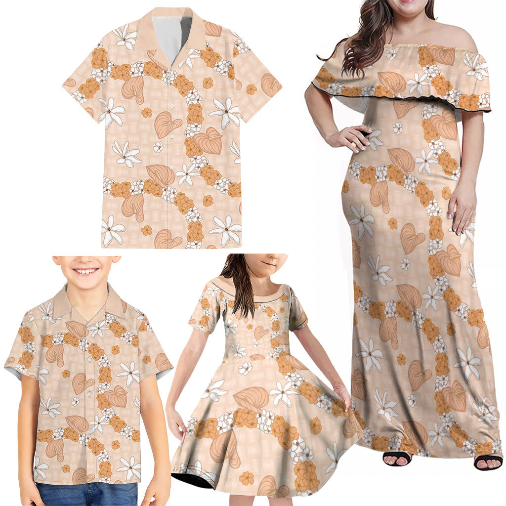 Hawaii Anthurium Tiare Pikake Lei Family Matching Off Shoulder Maxi Dress and Hawaiian Shirt Alani Lauhala Art Pattern LT01 - Polynesian Pride