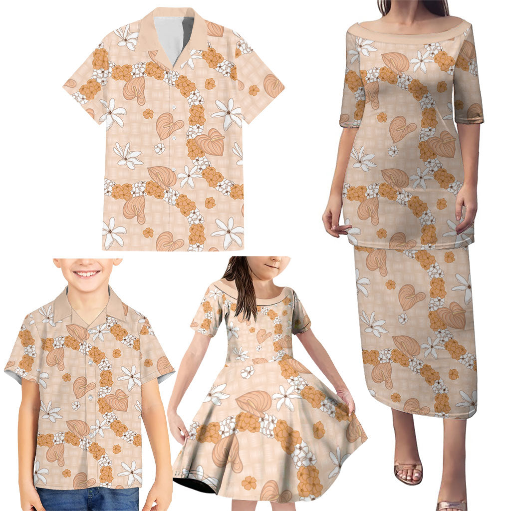 Hawaii Anthurium Tiare Pikake Lei Family Matching Puletasi and Hawaiian Shirt Alani Lauhala Art Pattern