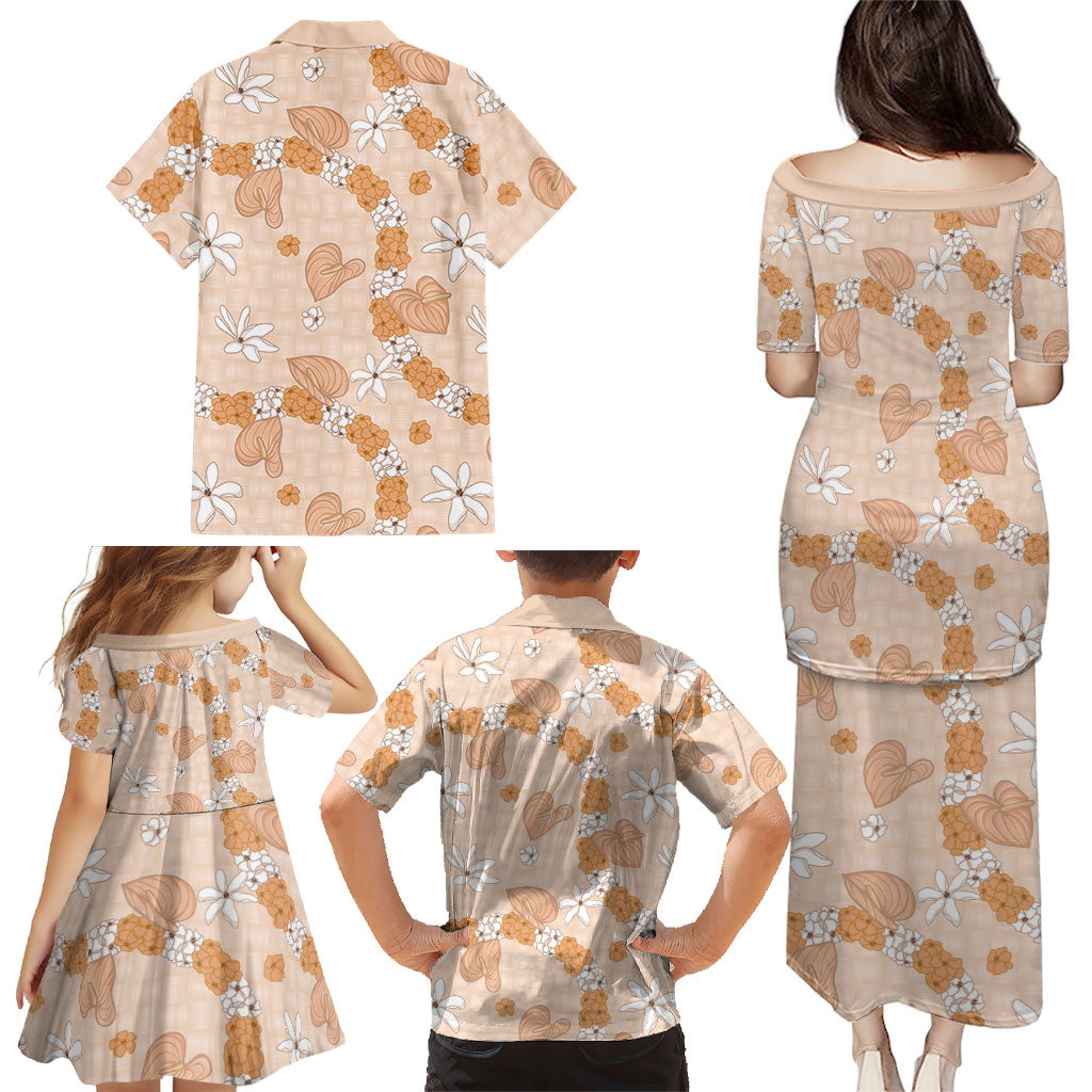 Hawaii Anthurium Tiare Pikake Lei Family Matching Puletasi and Hawaiian Shirt Alani Lauhala Art Pattern