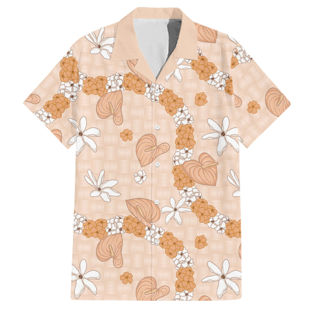 Hawaii Anthurium Tiare Pikake Lei Family Matching Short Sleeve Bodycon Dress and Hawaiian Shirt Alani Lauhala Art Pattern LT01 Dad's Shirt - Short Sleeve Orange - Polynesian Pride