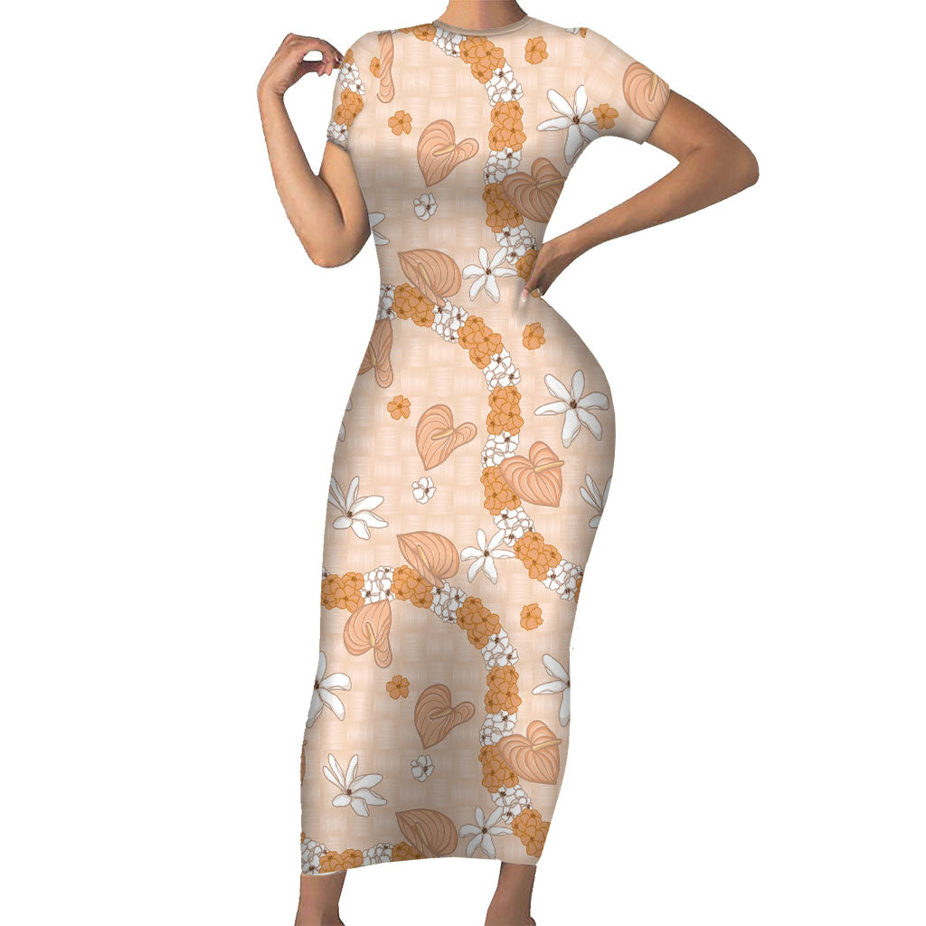 Hawaii Anthurium Tiare Pikake Lei Family Matching Short Sleeve Bodycon Dress and Hawaiian Shirt Alani Lauhala Art Pattern LT01 Mom's Dress Orange - Polynesian Pride
