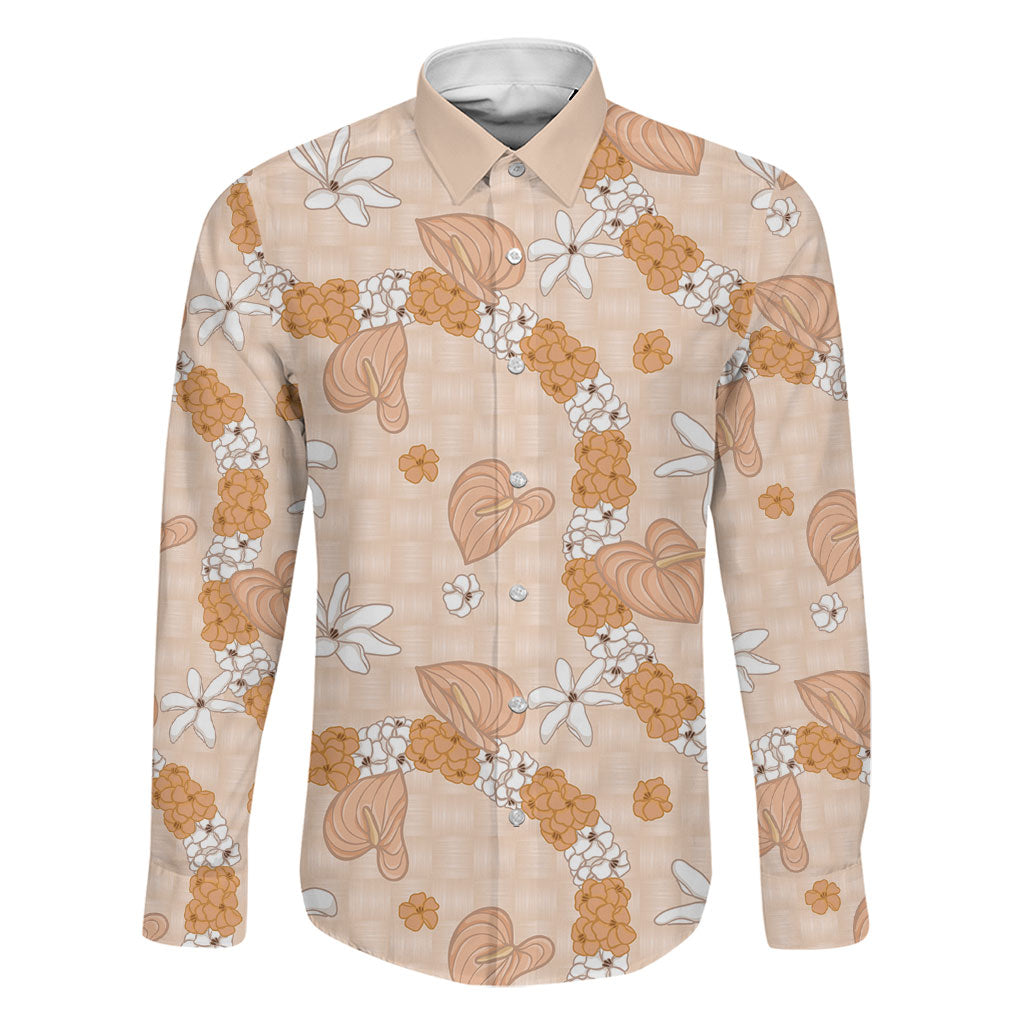 Hawaii Anthurium Tiare Pikake Lei Family Matching Summer Maxi Dress and Hawaiian Shirt Alani Lauhala Art Pattern LT01 Dad's Shirt - Long Sleeve Orange - Polynesian Pride