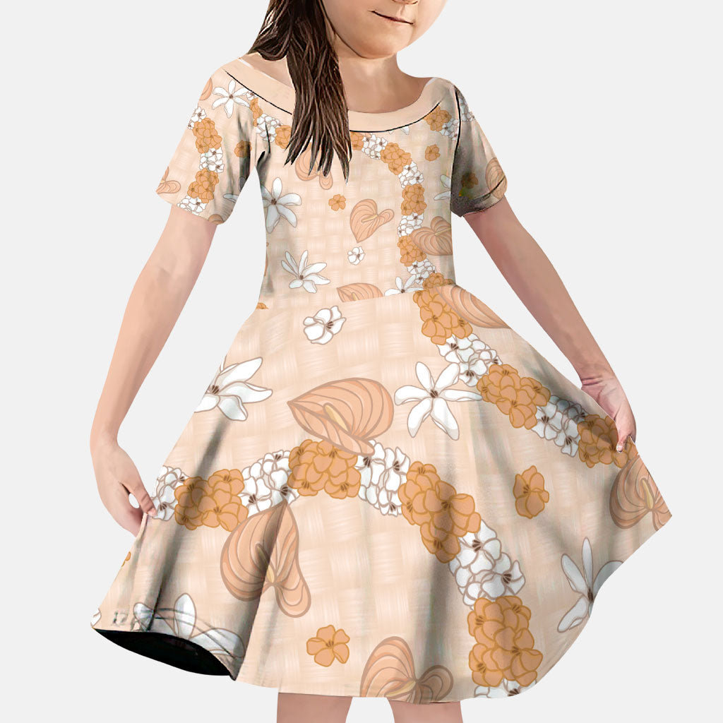 Hawaii Anthurium Tiare Pikake Lei Family Matching Tank Maxi Dress and Hawaiian Shirt Alani Lauhala Art Pattern LT01 Daughter's Dress Orange - Polynesian Pride