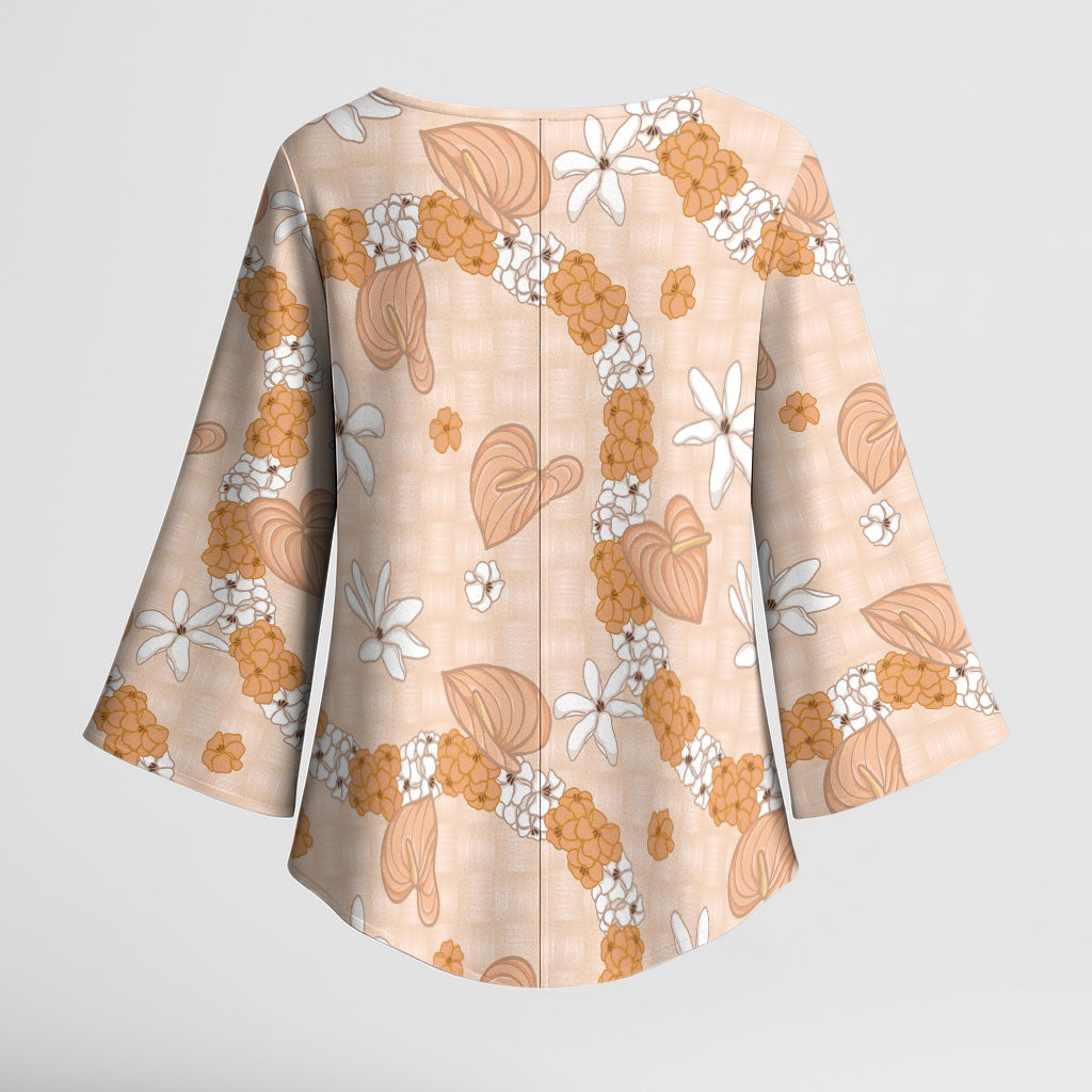 Hawaii Anthurium Tiare Pikake Lei Kimono Sleeve Blouse Alani Lauhala Art Pattern