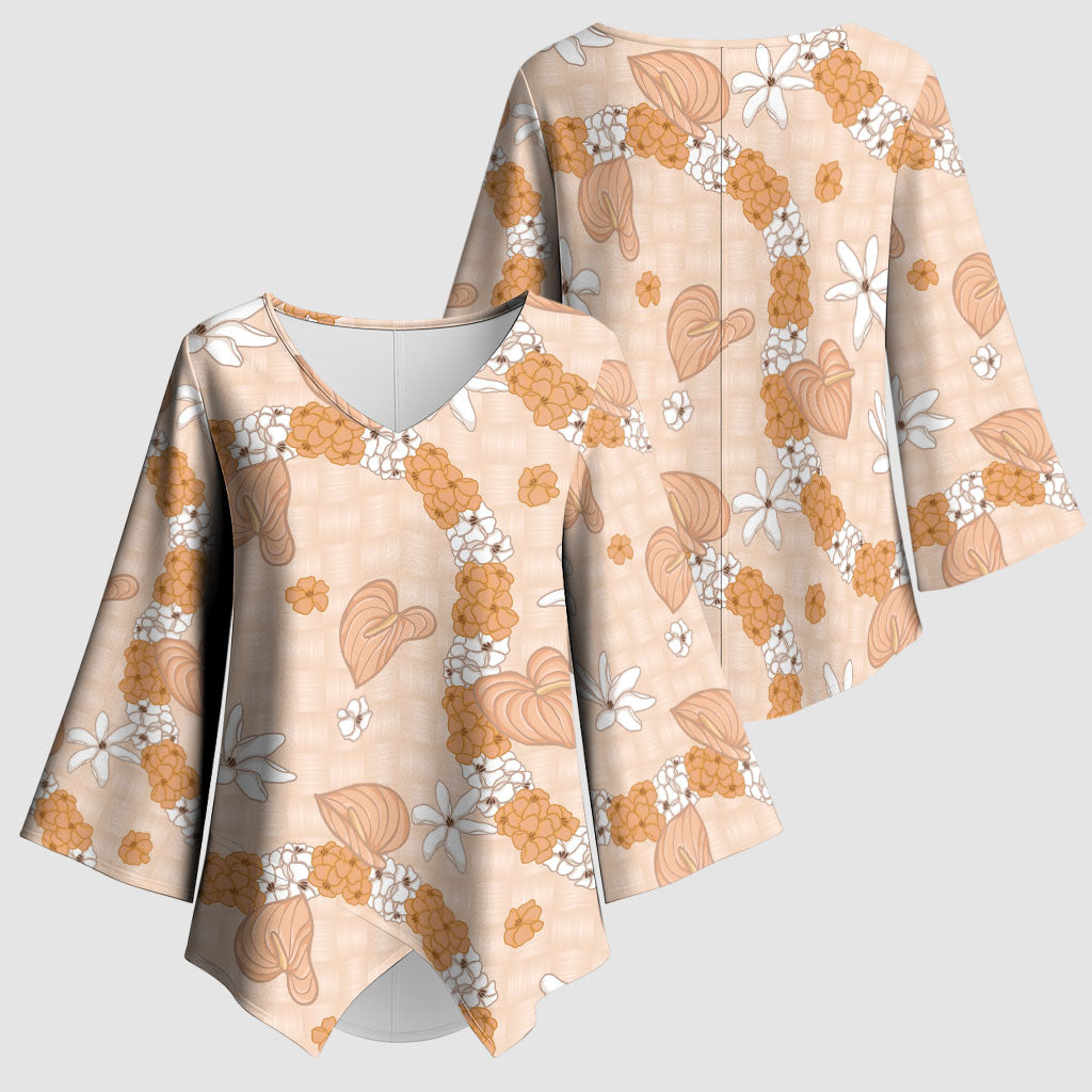 Hawaii Anthurium Tiare Pikake Lei Kimono Sleeve Blouse Alani Lauhala Art Pattern